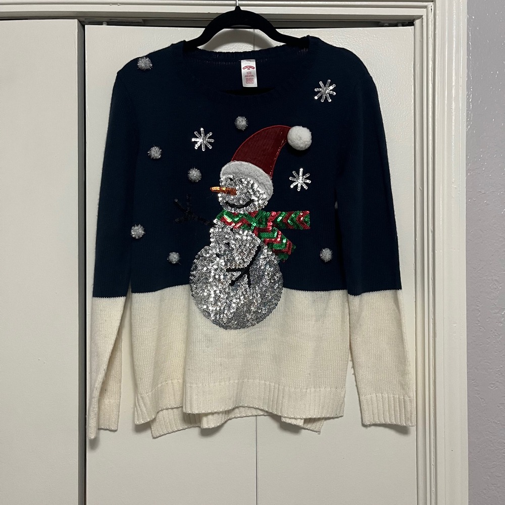 Holiday Time Christmas Snowman Sweater‎ Sequin Embellished Ugly Sweater